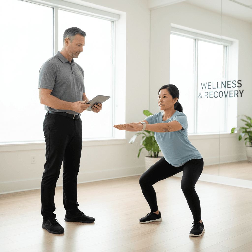 Chiropractor observing a patient's movement assessment in a modern clinic