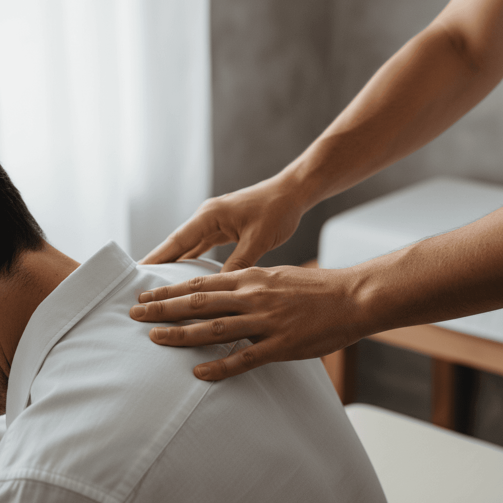Chiropractor's hands applying gentle manual pressure to patient's upper back