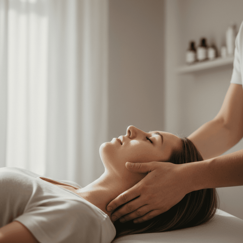 Osteopath's hands performing gentle cervical spine mobilization on patient's neck