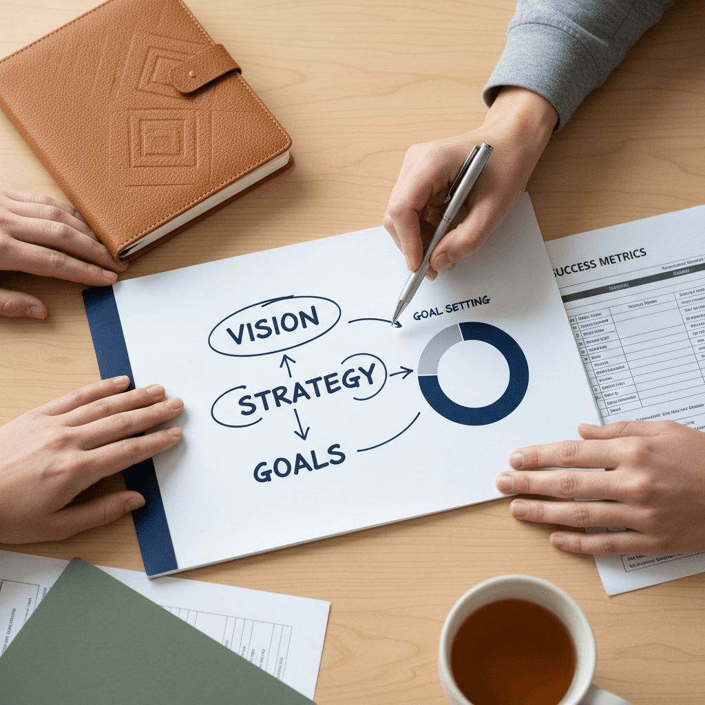 Overhead close-up of coach and client hands reviewing strategic planning notes and goal-setting diagrams on workspace