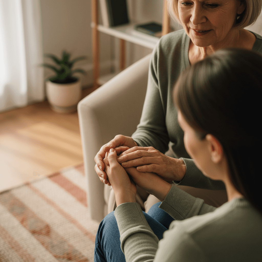 Counselor holding client's hands during a therapeutic session, showing empathy and professional care